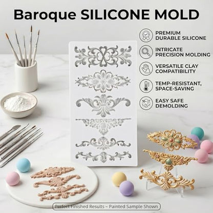 Baroque Silicone Mold Baroque Scroll Relief Polymer Clay Molds | Baroque Curlicues Scroll Lace Mold DIY Craft Epoxy Resin Casting Air Dry Polymer Clay Jewelry Making Crafts Tools - color: Style A