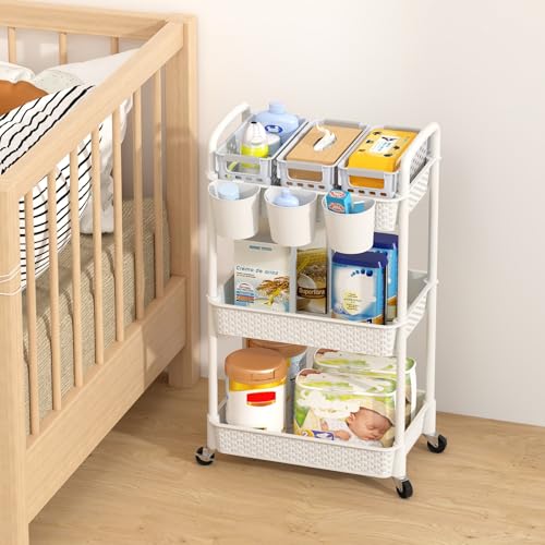 MOYIPIN 3-Tier Plastic Rolling Utility Cart with Handle,White | Utility Storage Cart for Office, Living Room, Kitchen,Movable Storage Organizer，Easy installation，Rattan-like art design - color: White, size: 3-Tiers with cups