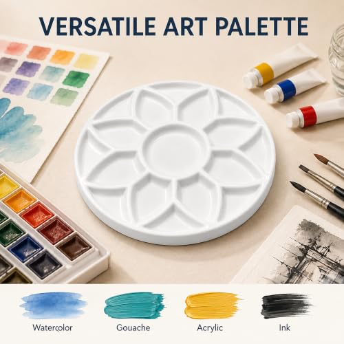 7 Inch Ceramic Watercolor Palette, Round White Flower Paint Tray | Petal-shaped color wells surround a center mixing area for watercolor, gouache, acrylic, ink and everyday art projects.