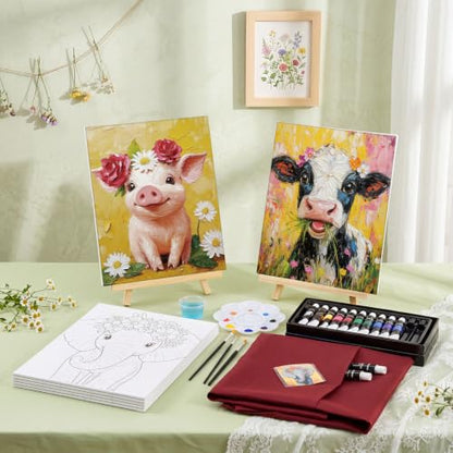 Cholemy 6 Set Paint and Sip Kit for Adults 8"x 10" Pre Drawn Canvas Painting with Wooden Easel Acrylic Paint Wash Cup Brushes Palette Apron for Painting DIY Adult's Date Party Supplies(Flower Animal) - style: Flower Animal