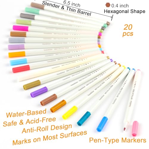 Sunshilor Metallic Markers Fine Point Metallic Marker Pens for Black Paper, Rock Painting, Easter Egg, Halloween Pumpkin, Card Making, Metal, Ceramic, Wine Glass, Set of 20
