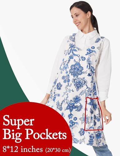 Cozy Adjustable Cross Back Aprons for Women with Pockets Cotton Linen Cooking Kitchen Baking - color: Stranger Blossoms