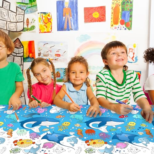 Giant Under The Sea Party Coloring Tablecloth for Kids - Huge Ocean Animals Theme Table Cover Large Under The Sea Shark Painting Poster for Children Birthday Party Supplies 54x108 Inch - color: Ocean