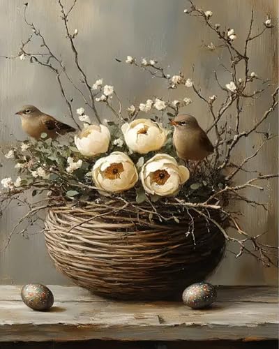 MBNTJHT Bird Paint by Numbers Kit for Adults,Birds Flowers Paint by Number Kits for Adults Beginners,Unframed Flower Basket Digital Oil Painting Crafts for Wall Decor Gifts 16X20 Inch. - color: MT21290