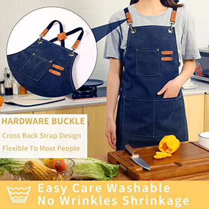 Tosewever Canvas Cross Back Chef Cotton Aprons for Men Women with Large Pockets - color: Blue