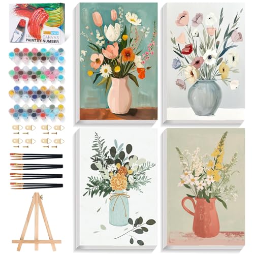 4 Pack Framed Paint by Numbers Kit for Adults with Wooden Easel, Flowers Easy Paint by Number Kits with Frame, DIY Acrylic Watercolor Adult Paint by Number Kits on Canvas for Home Decor 8x12 Inch - color: OP-4P-F-Vases-2030
