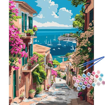 TOCARE Mediterranean Paint by Numbers Kit for Adults Beginner, Greece Paint by Number Canvas Kit, Acrylic Adults' Paint-by-Number Kits Landscape 16x20inch (Without Framed) - color: TC-OPC-358