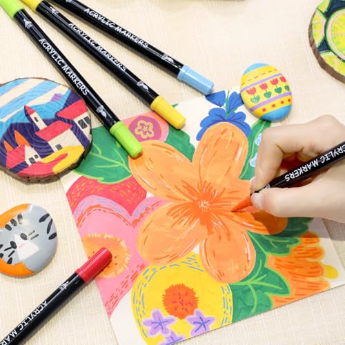 Recheel Acrylic Paint Markers, 72 Colors Dual Tip Fine & Brush Pens for Art | For Rock, Wood, Canvas, Glass, Ceramic & More, Perfect for Multi-Surface DIY Crafts and Creative Art Projects - style: 72 Colors