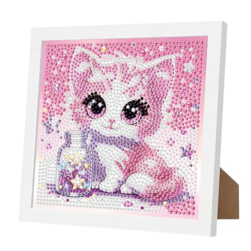 YarnWhimsy Cat Diamond Art Kits for Kids with Frame for Beginners 7x7 inch | 5D Crystal Rhinestones Dimond Art Paintings for Kids Cat, Easy Pretty Gem Arts for Children for Home Wall Decor - color: CC1161-US
