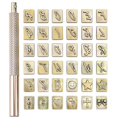 Yoption 37 Pieces Leathercarft Stamping Tool Set, 26 Letters Alphabet & 10 Patterns Stamping Tool 6mm +1 Stamping Handle for Leather Craft - size: 6mm Letters + Patterns