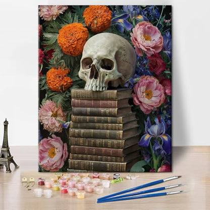 TUMOVO Adult Paint by Number Kit on Canvas Skull on Book | skull 16x20 inch unframed canvas with acrylic paints and 3 brushes, DIY gift for adults and relaxing DIY craft. - color: Skull