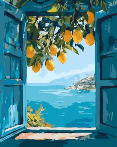 GEMOUJ Lemon Tree Paint by Numbers Kit for Adults,DIY Paint by Number Kit on Canvas for Window Seaside Home Wall Decor Art Canvas Acrylic Paints Crafts 16 x 20 Inch - color: MT22701