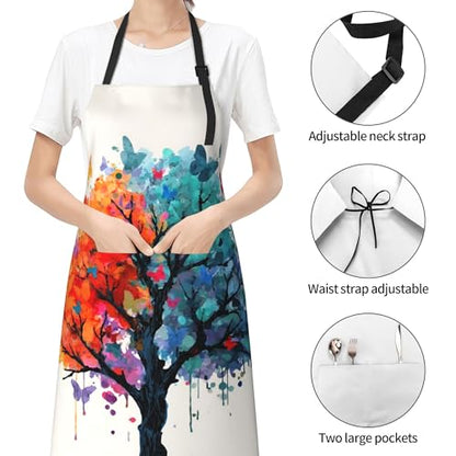Art Apron with Pocket for Women Men | Kitchen Aprons Chef Apron for Cooking Baking BBQ Painting Gardening - color: Colorful Tree With Butterflies