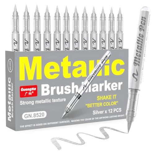 Guangna Silver Metallic Paint Marker Pen, 12 Pcs Brush Tip Silver Acrylic Paint Markers for Black Paper, Scrapbooking, Rock Painting, DIY Arts & Crafts, Glass, Wood, Card Making, Scrapbook Supplies - color: Silver (12-Piece Set)