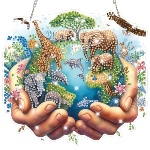 Bowetile Protect the Earth Diamond Art Hanging Kits for Adults, Diamond Art Suncatchers Earth, 5D Special Shape Diamond Painting Pendant Window Ornament Gifts for Home Wall Garden Decor - color: Protect the Earth