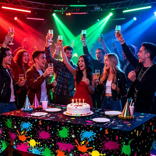 4 Pack Neon Table Cloths, 108 x 54 Inch Glow Party Table Covers Disposable Table Cover Graffiti Paint Glow Table Cloths for Halloween Birthday Black Light Neon Party Decorations - size: 4 PCS