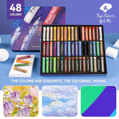 Paul Rubens Oil Pastels Set with 50 Colors Artist Soft Oil Pastels+6 Pcs White Oil Pastels+8.7 x 11.7 Inches Oil Pastel Book（30 Sheets）+5 Palette Knives for Artists, Professionals, Student, Hobbyist | Full Painting Accessories: 6 White Oil Pastels, 8.7 x