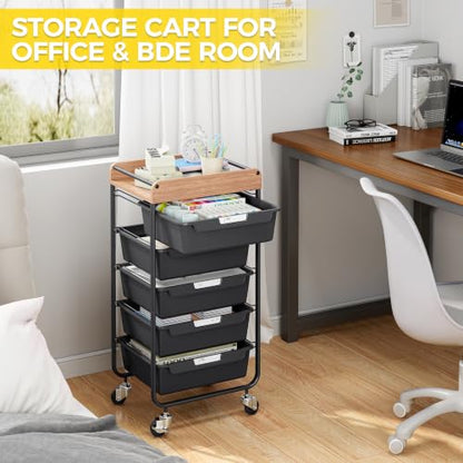 SYKIARIOL Utility Cart with 5 Labeling Drawers and Wooden Tabletop,Black - color: Classic Black, size: 5-Drawer