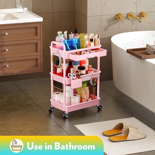 SUNALLY Makeup Cart Organizer with Drawer, 3 Tier Rolling Makeup Cart, Pink - color: Pink, size: 3 Tier