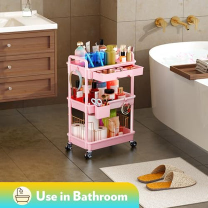 SUNALLY Makeup Cart Organizer with Drawer, 3 Tier Rolling Makeup Cart, Pink - color: Pink, size: 3 Tier