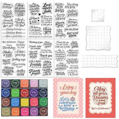 6 Pcs Greeting Words Clear Stamps for Card Making 20 Ink Pad | 3 Acrylic Stamp Block Silicone Stamp with Holiday Bless Happy Birthday Stamps for Crafting DIY Scrapbooking Journal - style: 29Pcs Greetings Blessings Stamps