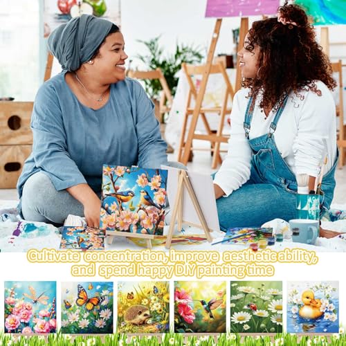 Tenceur 12 Sets Pre Drawn Canvas to Paint Adult Stretched Coloring Painting Canvas Panels with Design Easel and Brushes for Party Supplies Beginner Favor(Garden) - style: Garden
