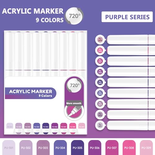 Water Based Acrylic Paint Markers, 9 Colors Paint Pen Set - color: Purple Series