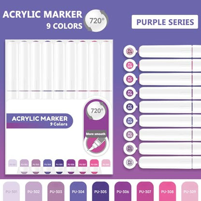 Water Based Acrylic Paint Markers, 9 Colors Paint Pen Set - color: Purple Series