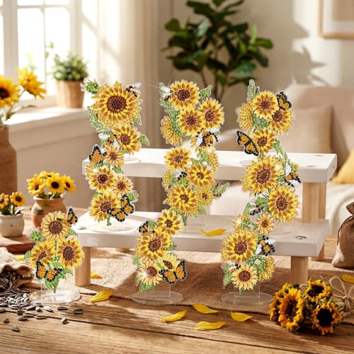 Kosiz 9 Pcs Sunflower Diamond Painting Tabletop Decoration, Double-sided Acrylic Sunflower Diamond Art Kit for Adult, DIY 5d Rhinestone Yellow Flower Centerpiece for Table Home Desk Decor Spring Gifts - style: Sunflower