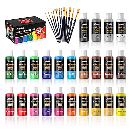 ABEIER Acrylic Paint Set, 24 Colors 2oz, 12 Brushes, Non-Toxic, Waterproof - style: Classic Colors