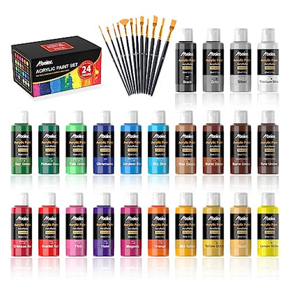 ABEIER Acrylic Paint Set, 24 Colors 2oz, 12 Brushes, Non-Toxic, Waterproof - style: Classic Colors