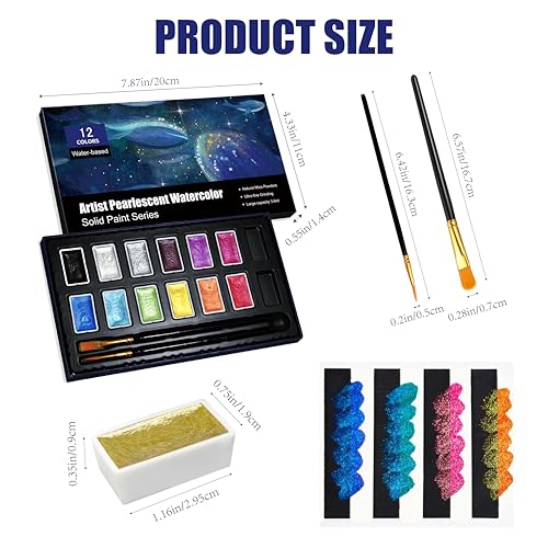 Shimmer Watercolor Paint Set, 12 Colors Glitter Metallic Watercolour Painting Sets, Solid Pearl Water Color Paints for Artists, Amateur Hobbyists and Painting (12 Colours) - color: 12 Colours（3.6ml）