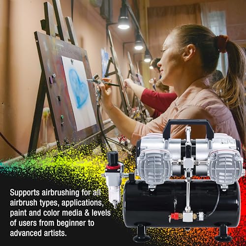 Master Airbrush TC-828 Airbrush Compressor with Tank- 1/3 HP Quad Cylinder, 4L Air Tank, 78L/Min Flow, Multi-Airbrush & Spray Gun Support, True Diaphragm Regulator, Portable - Ideal for Artists - style: Quad Piston with Tank