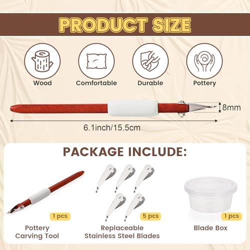 Lanties Pottery Carving Tools Set Include 5 Stainless Steel Blades & Red Pear Wood Handle, Sculpture Scraper Craft Modelling Tools for Clay, Ceramic Sculpting, Graffito, Relief Art(Fine Tip) - style: Fine Tip
