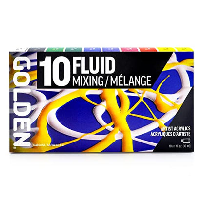 GOLDEN Fluid Acrylics Mixing Set, 10 x 30 ml Bottles | Mix an extensive range with this limited palette of flowing, richly pigmented artist grade colors.