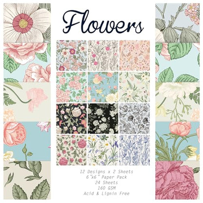Scrapbook Paper, 24 Sheets 6"×6" 160gsm Single-Sided Patterned Cardstock - color: 24 sheets-flowers