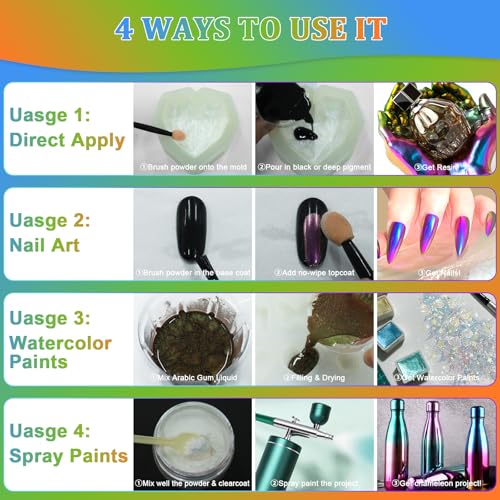 Matio Chameleon Mica Powder,10 * 5g Chrome Powder, 5 Pearlescent Effect | Color Shift Pigment & 5 Chameleon White Mica Pigment Set for Epoxy Resin,Soap Candle,Nail Art,Bath Bombs, Painting, Slime - color: 10 Colors Mix