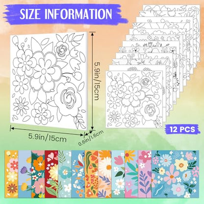 Teling 12 Pcs Pre Drawn Stretched Canvas Kit for Adults Painting Pre Printed Canvas Outline for DIY Painting Party Favor,6 x 6 x 0.6 Inches(Flower) - style: Flower