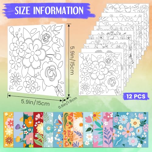 Teling 12 Pcs Pre Drawn Stretched Canvas Kit for Adults Painting Pre Printed Canvas Outline for DIY Painting Party Favor,6 x 6 x 0.6 Inches(Flower) - style: Flower