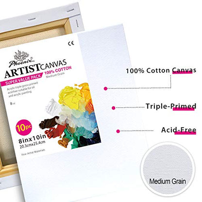 PHOENIX Stretched Canvas for Painting 8x10 Inch/10 Value Pack, 8 Oz Triple Primed 5/8 Inch Profile 100% Cotton White Blank Canvas, Artist Framed Canvas for Oil Acrylic & Pouring Art - size: 8"x10", style: Studio Set (8 Oz.)