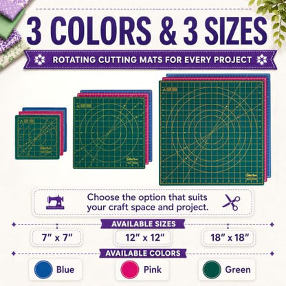 The Quilted Bear 12" x 12" Rotating Self-Healing Cutting Mat, Green | Square Mat, 360° Rotation, Locking Mechanism, 5-Layer Surface, Non-Slip Base, Clear Inch Grid & Angle Guides for Quilting - color: Green, size: 12"L x 12"W