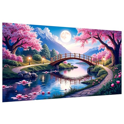 SparkGlow Cherry Tree Landscape Diamond Art Kits for Adults Large Size | Moon Diamond Painting Kits for Beginners, Full Round Drill, Large Diamond Painting for Wall Decor, Gifts, 27.5 X 15.7 Inch - color: Landscape 006