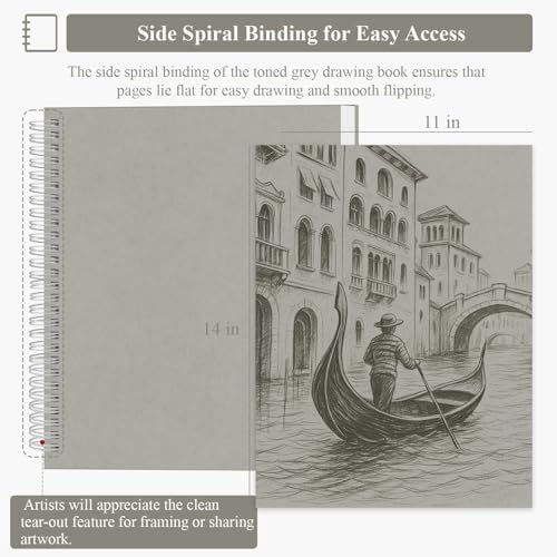 SuFly Gray Toned Sketch Pad, 11" x 14" - 60 Sheets Spiral Bound Sketchbook, 85lb/130gsm Toned Gray Paper for Graphite, Charcoal, Colored Pencils and Gel Pens. - color: Toned Gray, size: 11-x-14-inch:1 Pack