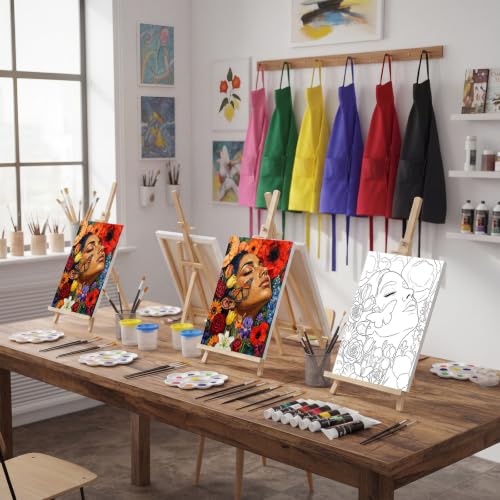 Cholemy 8 Set Paint and Sip Kit for Adults 8'' x 10'' Pre Drawn Canvas with Wooden Easels Acrylic Paint Brushes Wash Cup Palette Apron for Painting DIY Date Night Party Supplies (Butterfly Lady) - style: Butterfly Lady