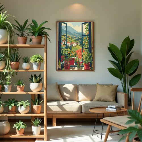 CSZPPQAF Window Sill Landscape Paint by Number Kit for Adults, Green Leaf Potted Plant Paint by Number Kits on Canvas, DIY Color Oil Painting for Home Wall Decor 12X16inch - color: PB459-1