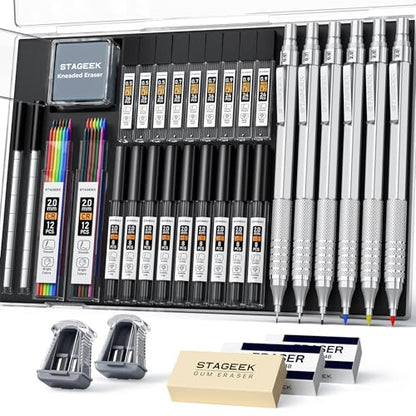 35Pcs Art Mechanical Pencil Set with Case, 0.5 0.7 0.9 2.0 Graphite Metal Drawing Drafting Pencils, Sharpener Erasers 384PCS Lead Refills (6B 4B 2B HB 2H 4H Colors)Pencils for Writing Sketching,Silver - color: silver