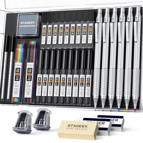 35Pcs Art Mechanical Pencil Set with Case, 0.5 0.7 0.9 2.0 Graphite Metal Drawing Drafting Pencils, Sharpener Erasers 384PCS Lead Refills (6B 4B 2B HB 2H 4H Colors)Pencils for Writing Sketching,Silver - color: silver