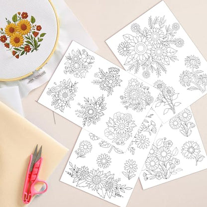 Water Soluble Stabilizer Embroidery Pattern - Sunflower Letter Stick & Stitch Embroidery Paper Wash Away, Flower Hand Sewing Patterns for T-Shirt Bag Towel (4 Sheets) - style: Flower130