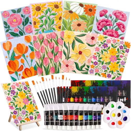 Cholemy 36 Pcs Paint and Sip Kit Gift for Adults 8''x10'',Fresh Flowers | Pre Drawn Canvas, Painting DIY Afro Acrylic Painting Kit, Wood Easel Brushes, Date Night Bulk, Summer Halloween Party - style: Fresh Flowers