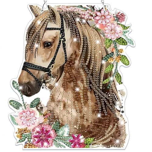 Bowetile Horse Diamond Art Hanging Kits for Adults, 5D Special Shape Diamond Painting Flowers Pendant Kits, Animal Gem Art Suncatchers Painting Ornament for Home Garden Wall Decor - color: Horse